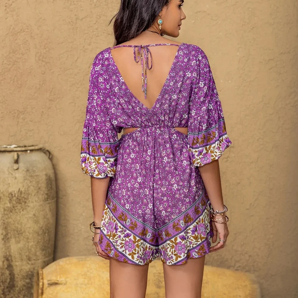 RusttyDustty Purple Floral Cutout Romper EUC - Picture 6 of 9